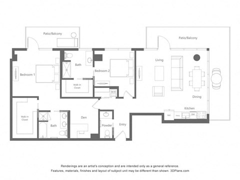 Floor plan for 2 beds, 2.5 baths, 1552 sqft